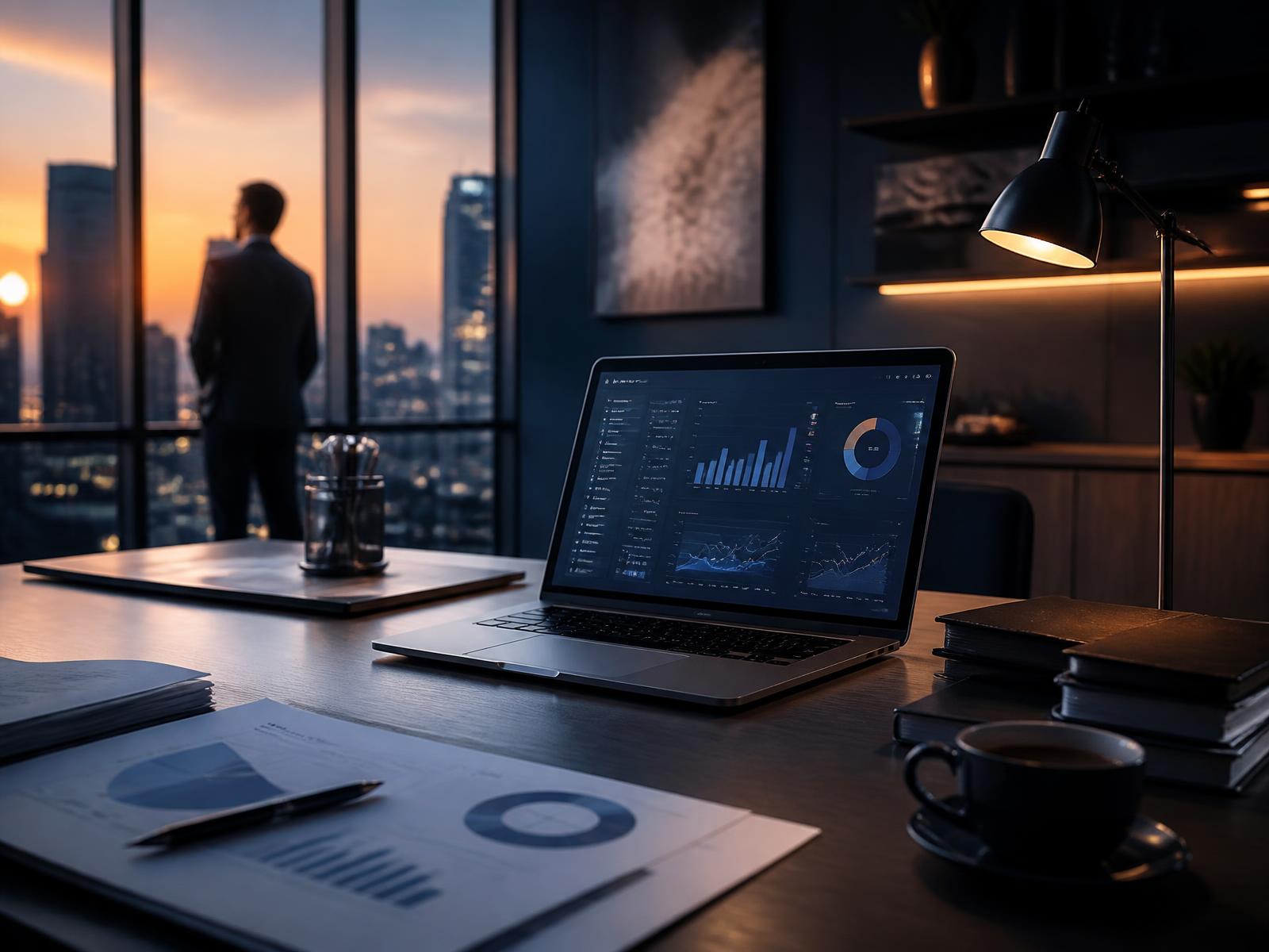 Finance team office at dusk with reporting dashboards on a laptop